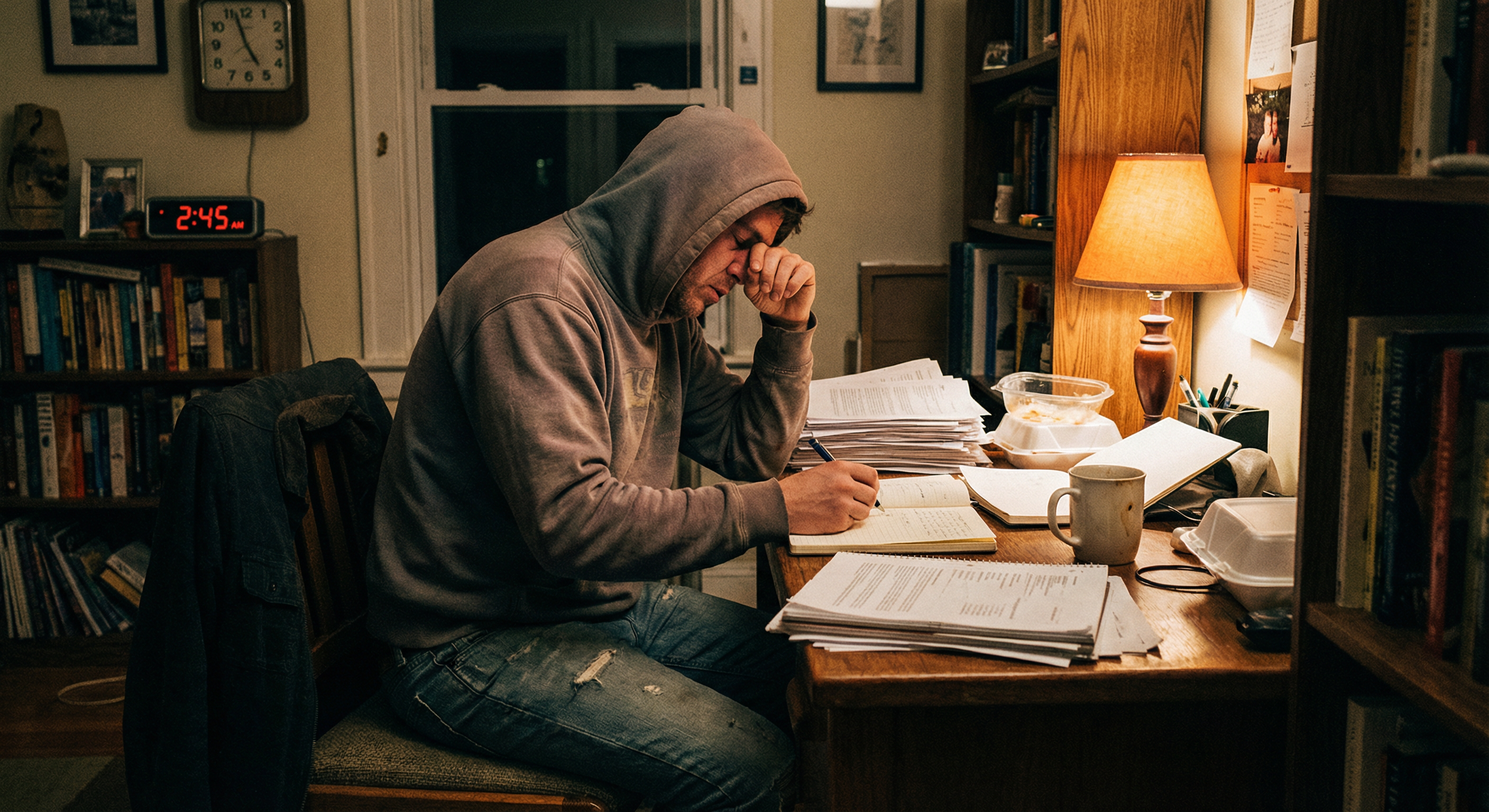 man writing in a notebook at a desk